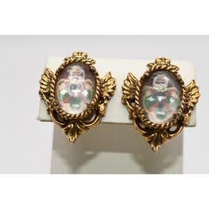 Vintage Lucite Intaglio Clip On Earrings Heraldic Crown Crest Mid Century